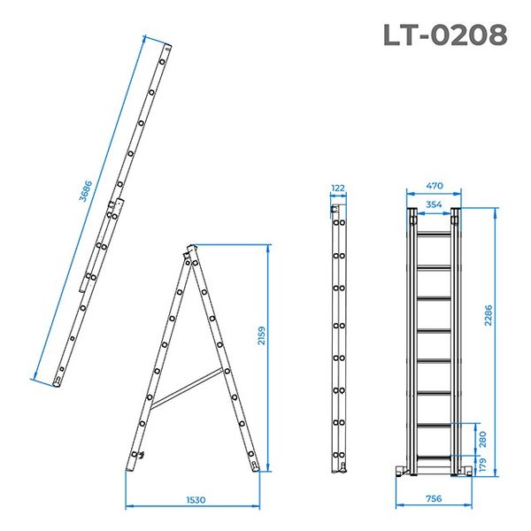 Драбина з алюмінію, 2-секційна універсальна розкладна, 2*8 сход., 3,69 м INTERTOOL LT-0208 LT-0208 фото