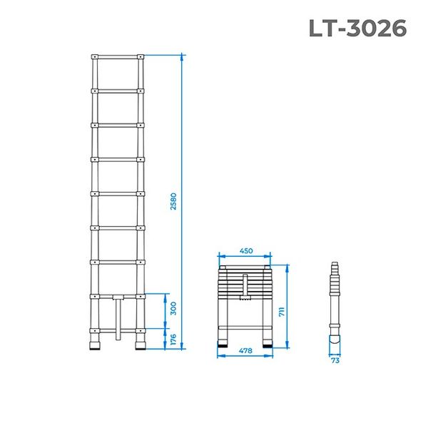 Драбина з алюмінію, телескопічна 8 сход., 2,5 м INTERTOOL LT-3026 LT-3026 фото